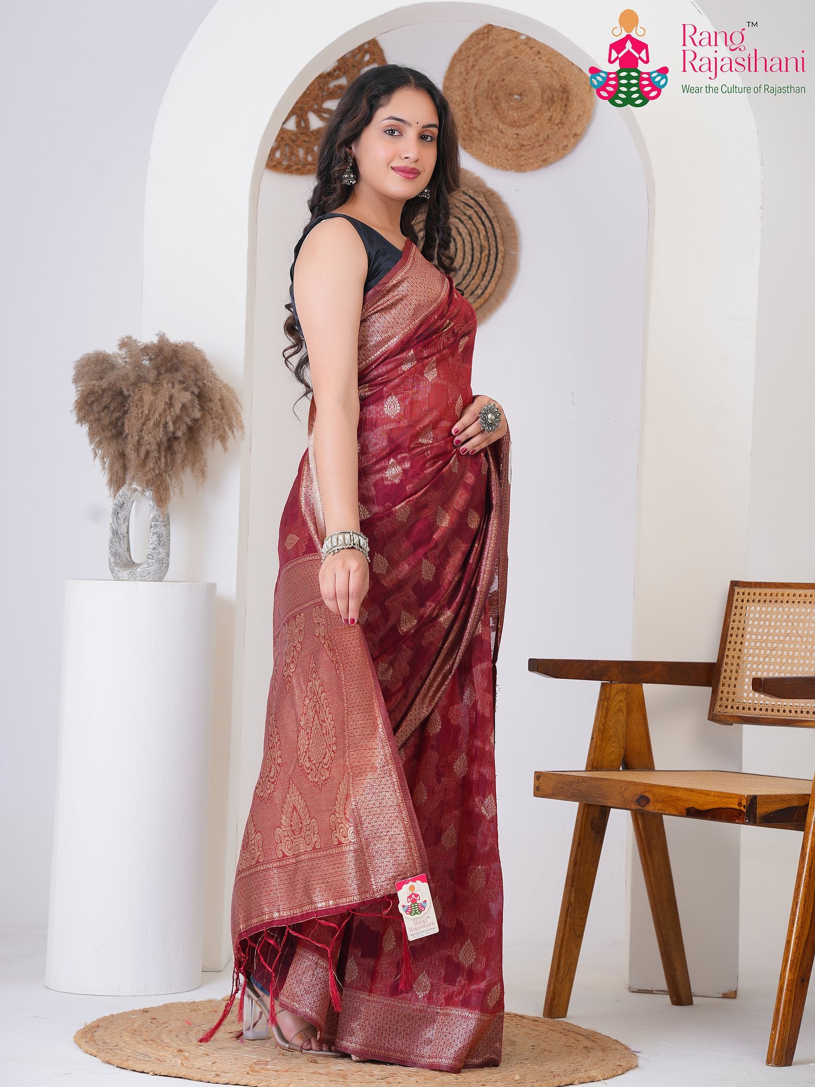 Maroon Cotton saree with Weaving side drape view