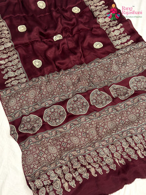 Maroon Modal Ajrakh Print Saree for Festive Celebration | Buy Today