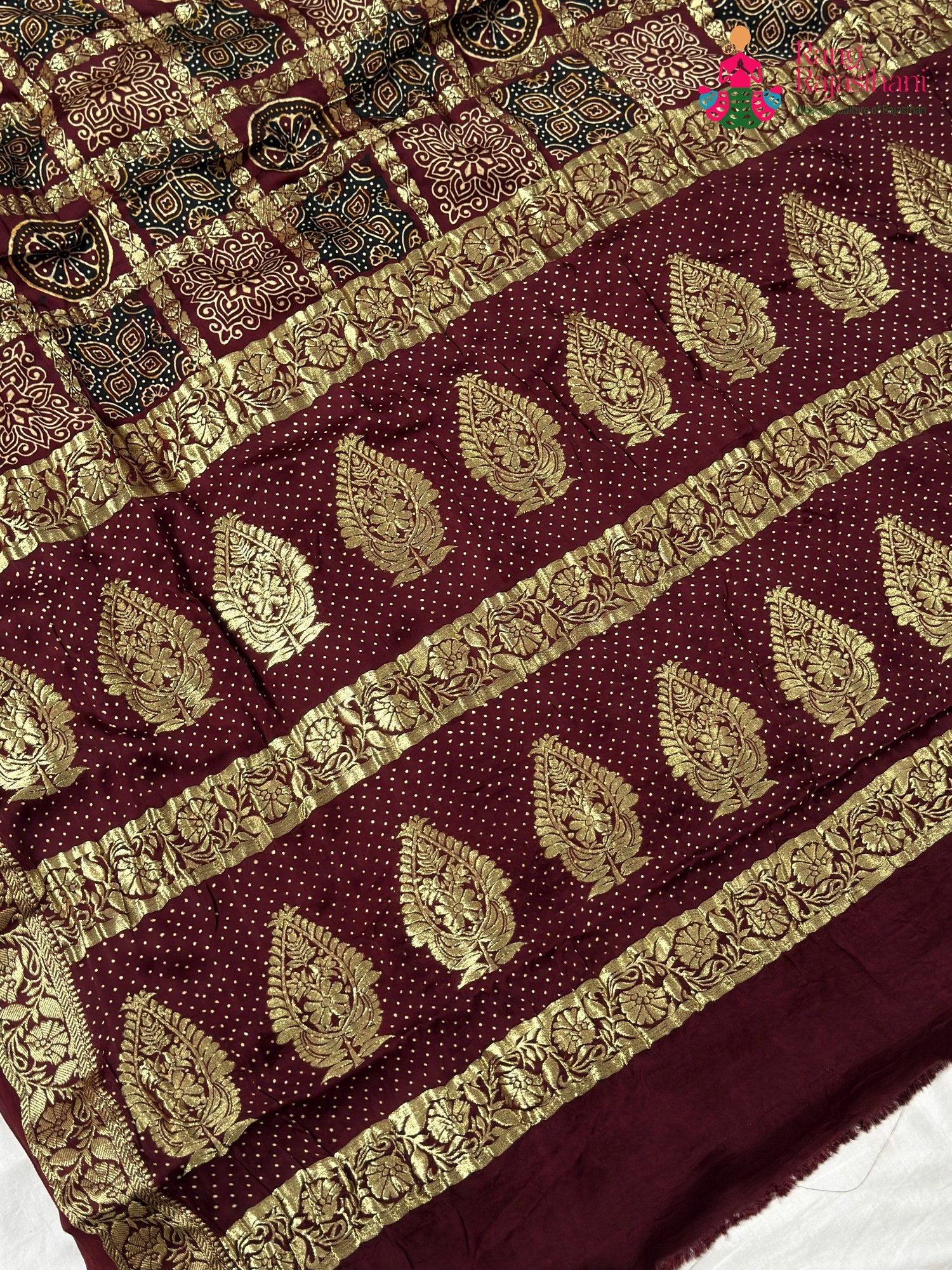 design pattern of maroon modal banarasi zari weave gharchola saree
