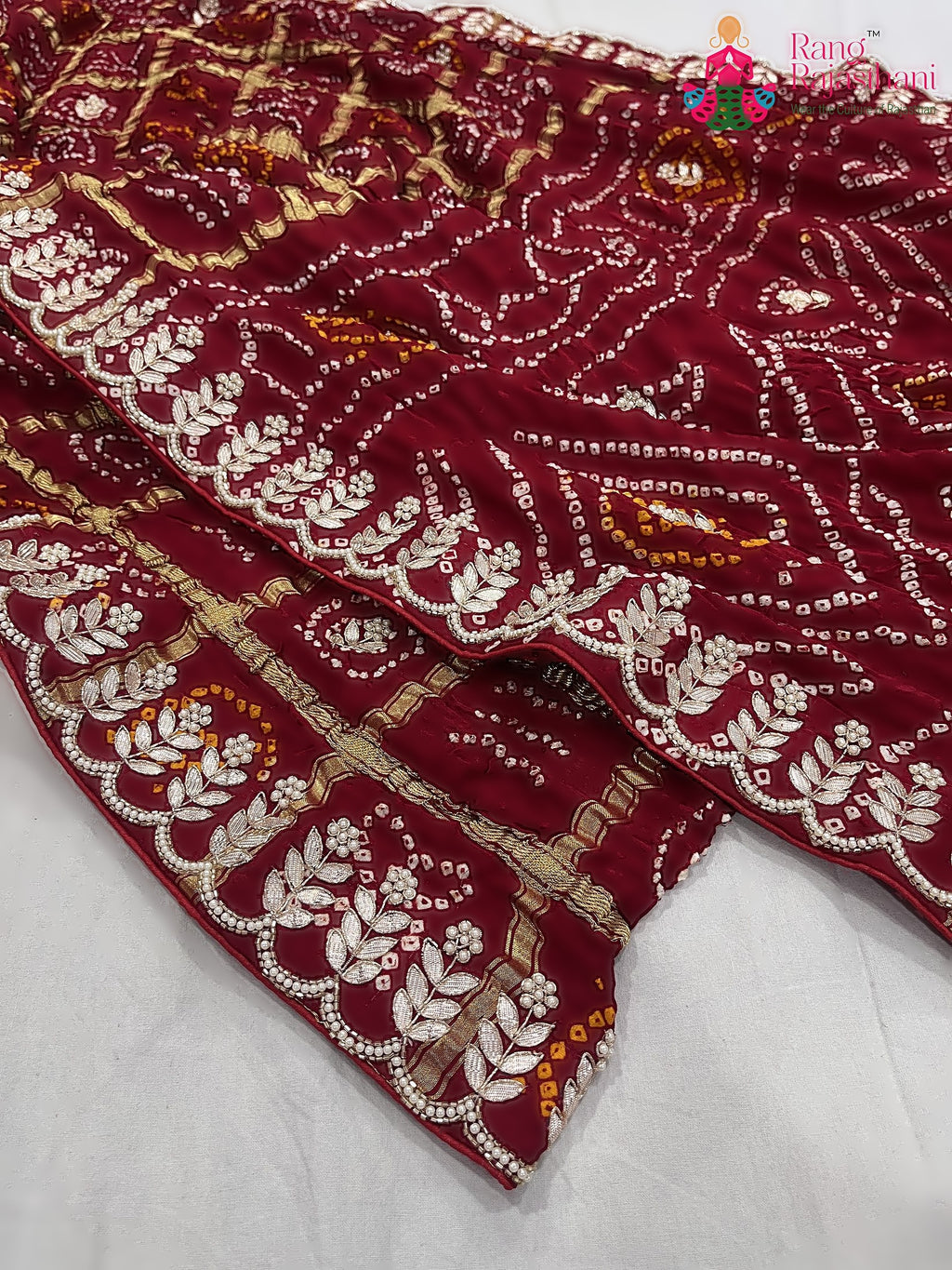 border detailing of maroon pure gajji silk gota patti saree 