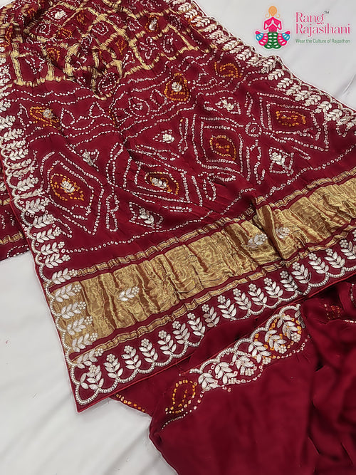 Maroon Pure Gaji Silk Gota Patti Work Saree : Deep Poise main-image