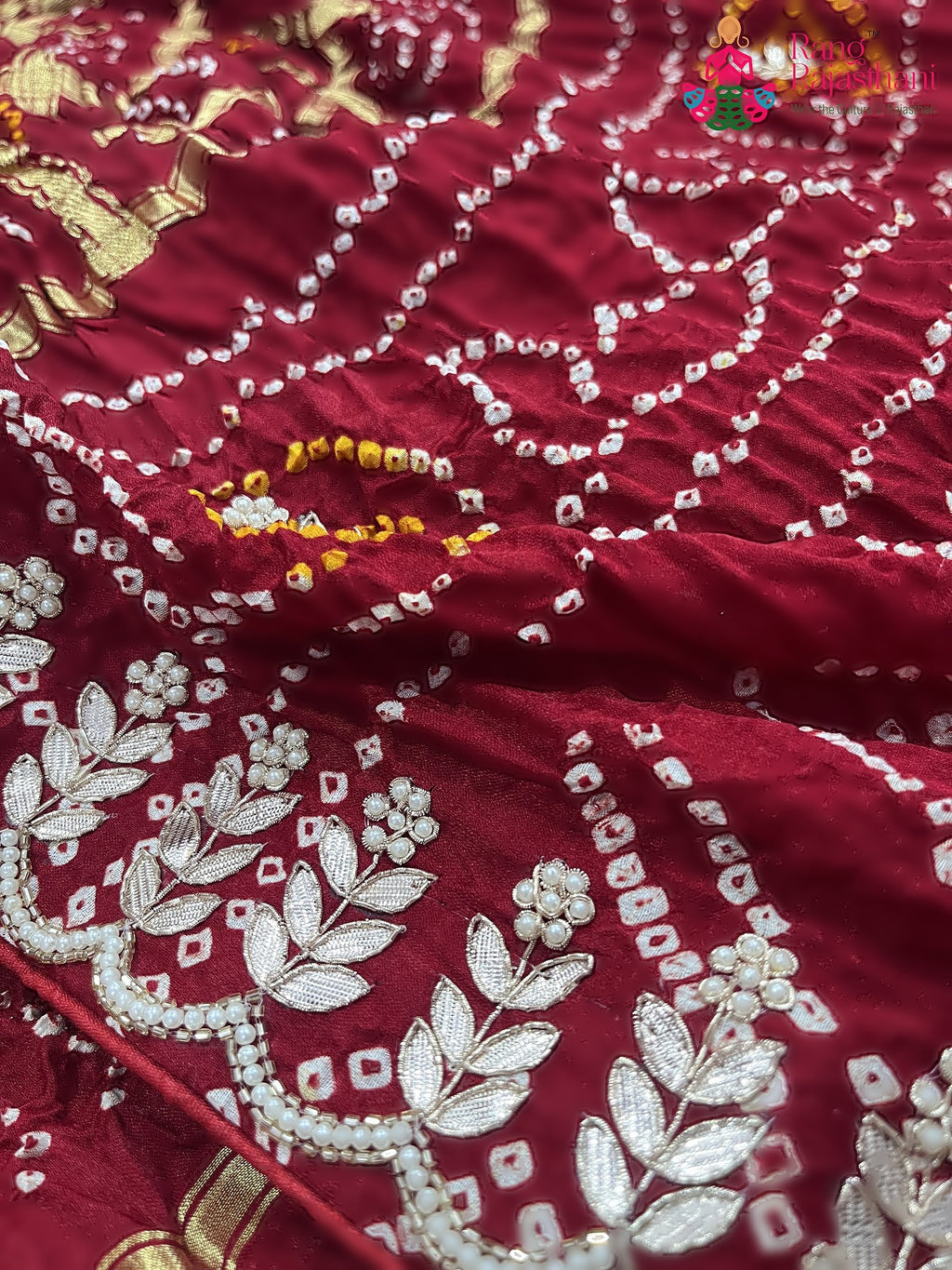 close up detailing of maroon pure gajji silk gota patti saree 