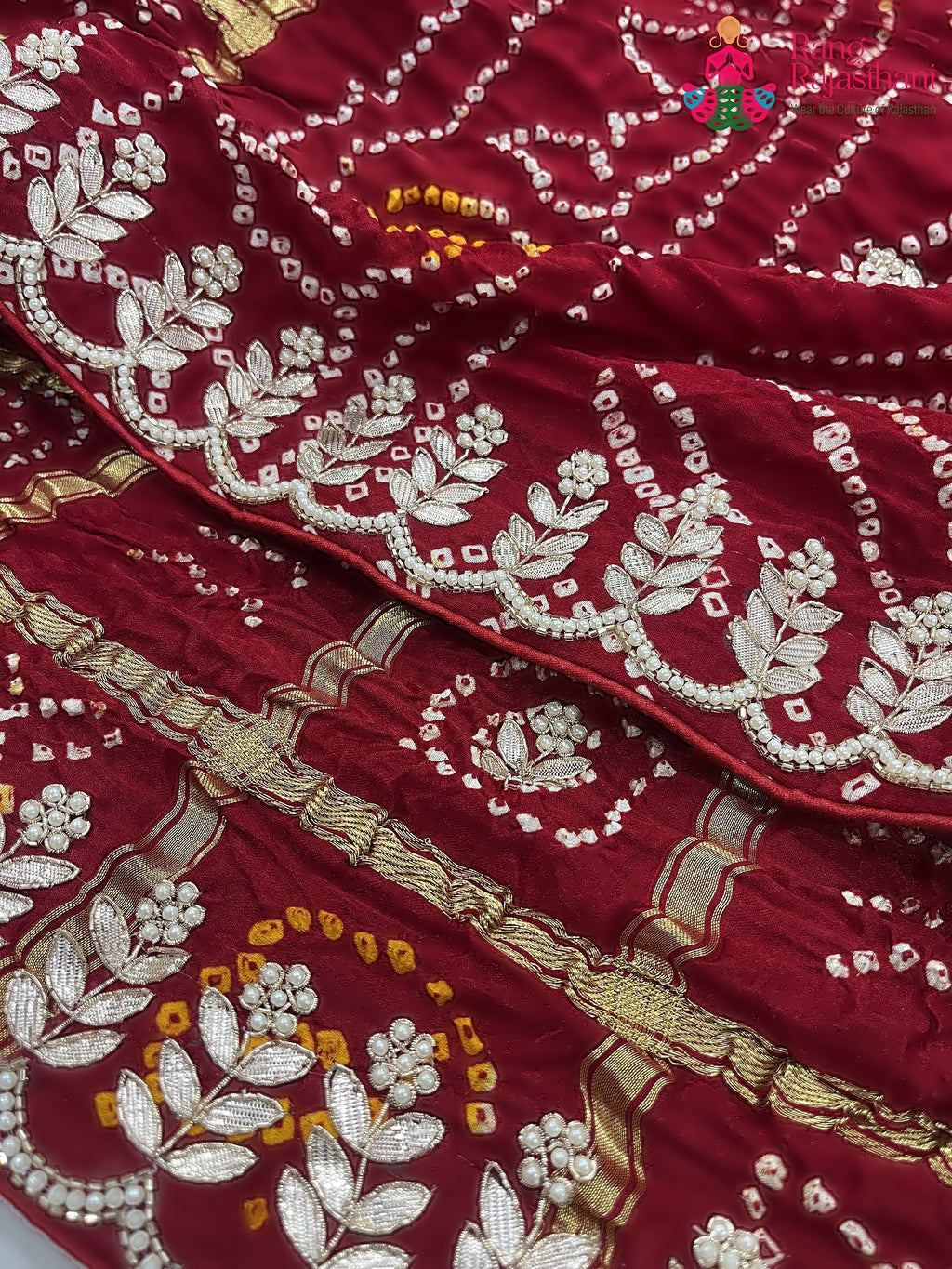 pallu detailing of maroon pure gajji silk gota patti saree 