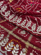 pallu detailing of maroon pure gajji silk gota patti saree 