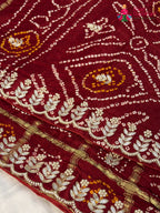 close up view of maroon pure gaji silk gota patti saree