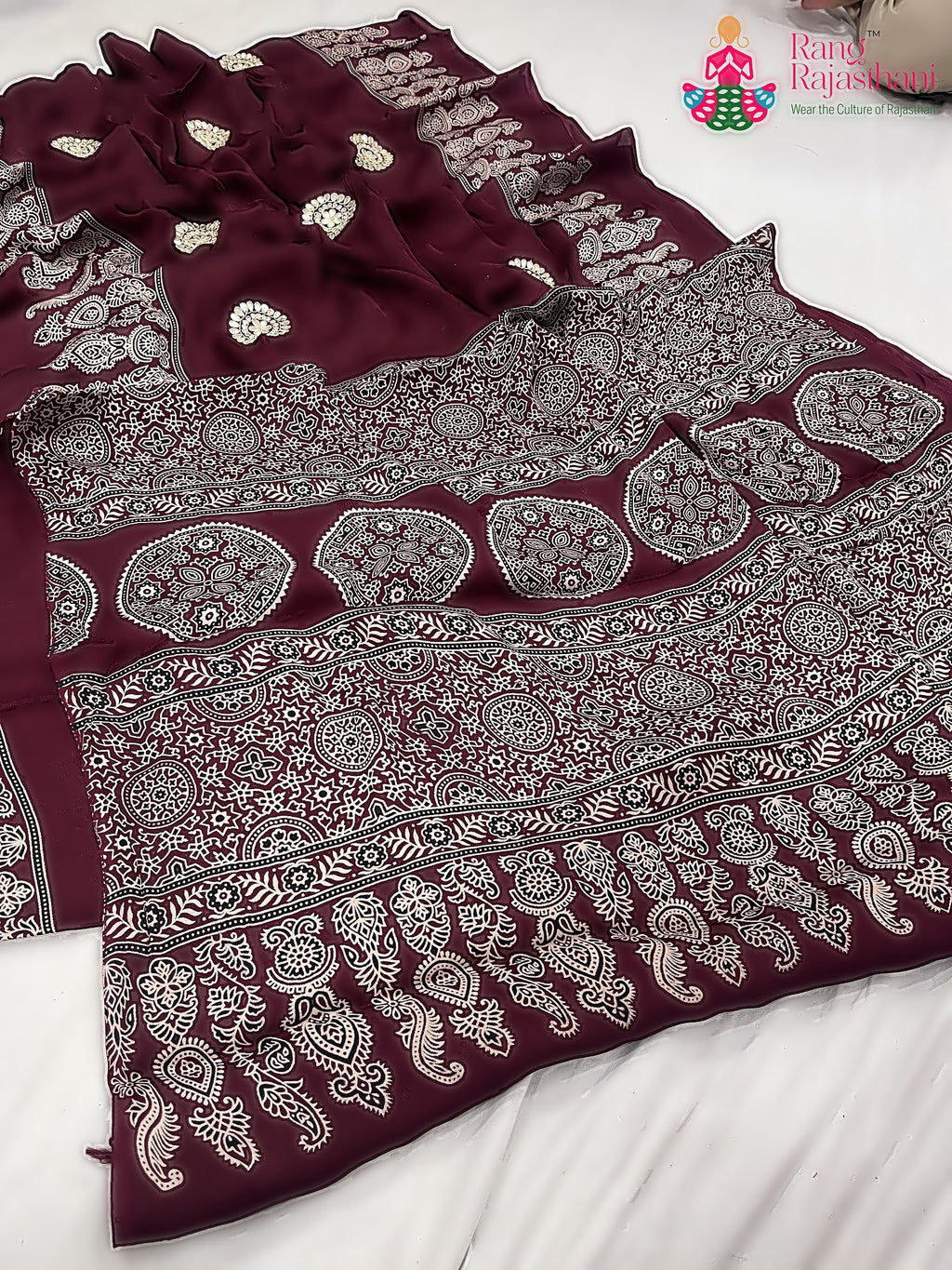 maroon pure modal silk ajrakh print saree for festive celebration by Rang Rajasthani