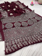maroon pure modal silk ajrakh print saree for festive celebration by Rang Rajasthani