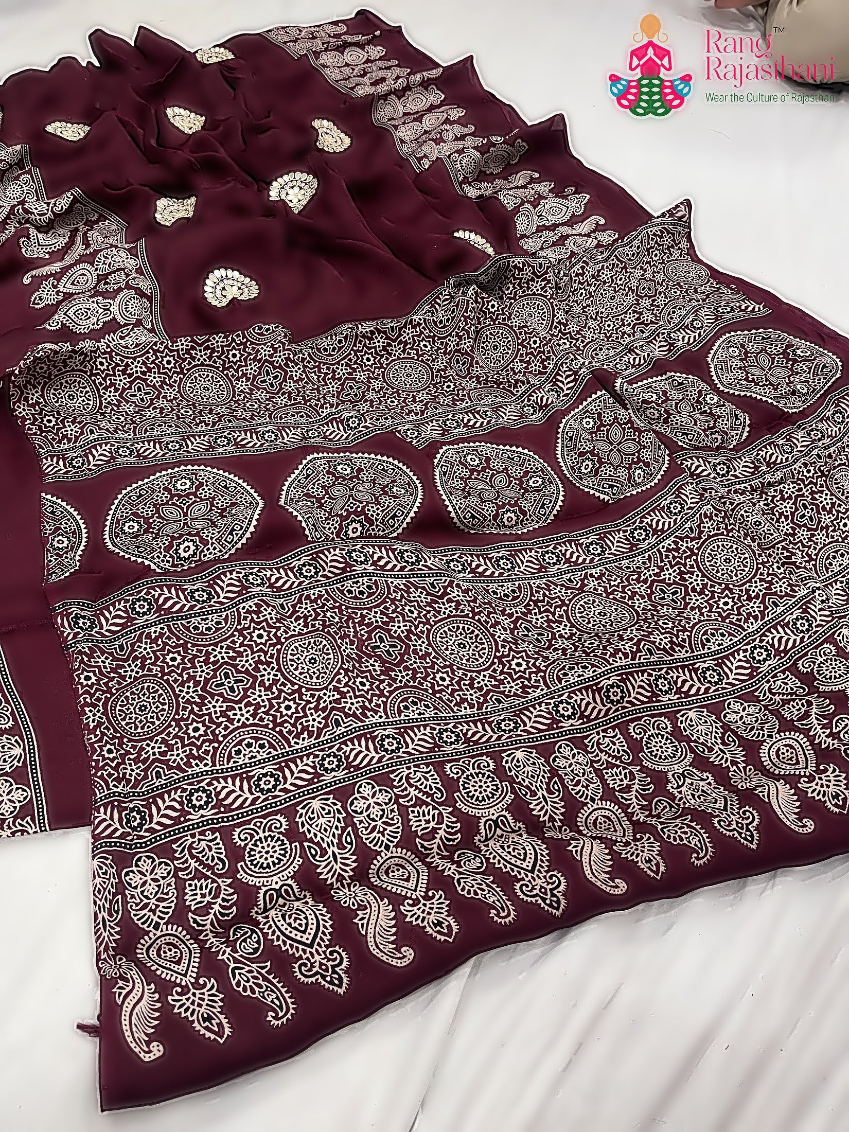 Maroon Pure Modal Silk Ajarakh Print Saree : Deep Charm