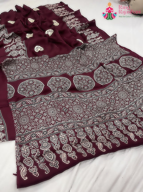 Maroon Pure Modal Silk Ajarakh Print Saree : Deep Charm main-image