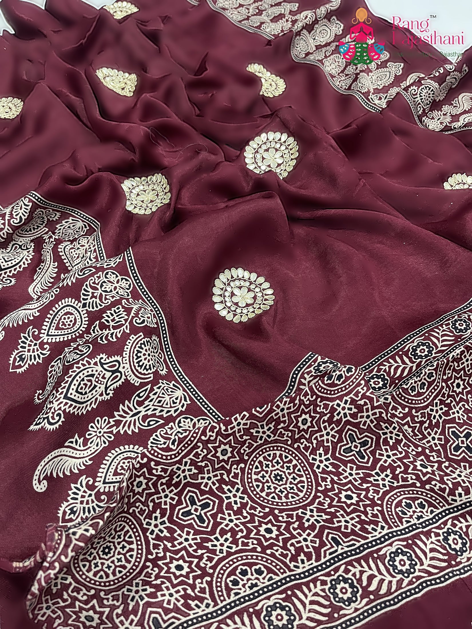 Maroon Pure Modal Silk Ajarakh Print Saree : Deep Charm