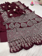 close up detailing of maroon pure modal silk ajrakh print saree 