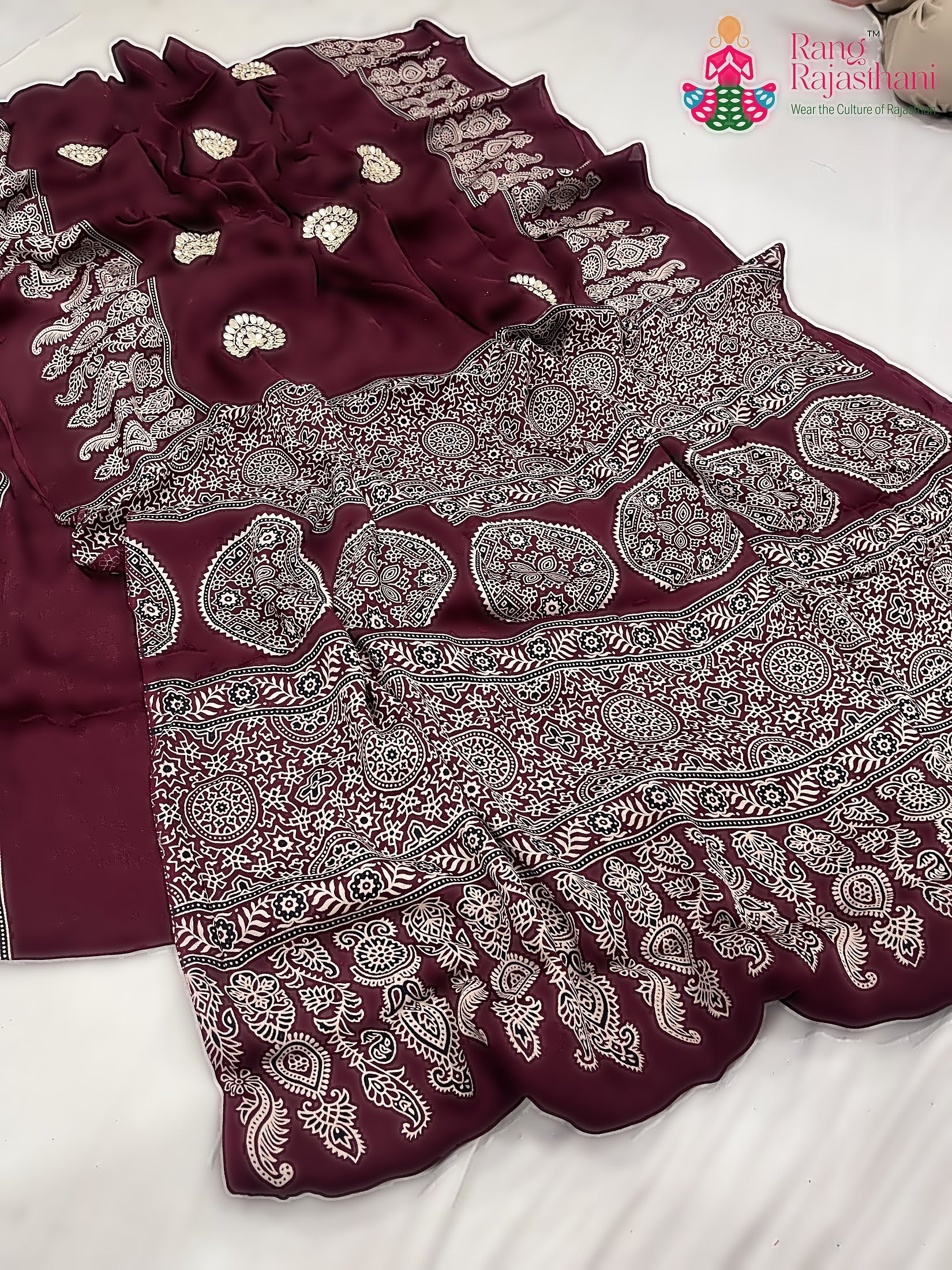 Maroon Pure Modal Silk Ajarakh Print Saree : Deep Charm