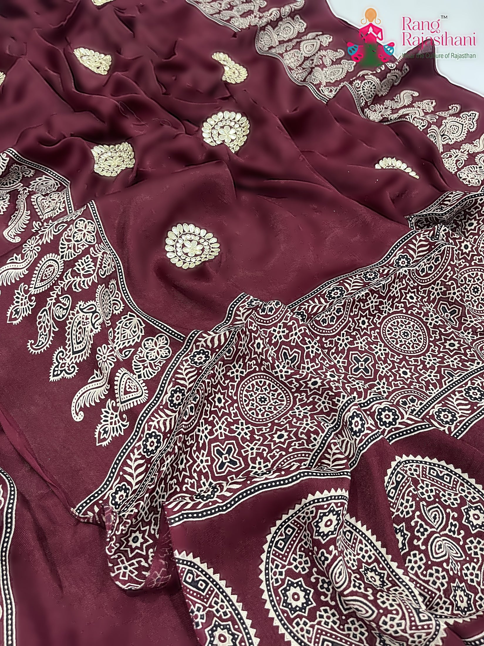 Maroon Pure Modal Silk Ajarakh Print Saree : Deep Charm