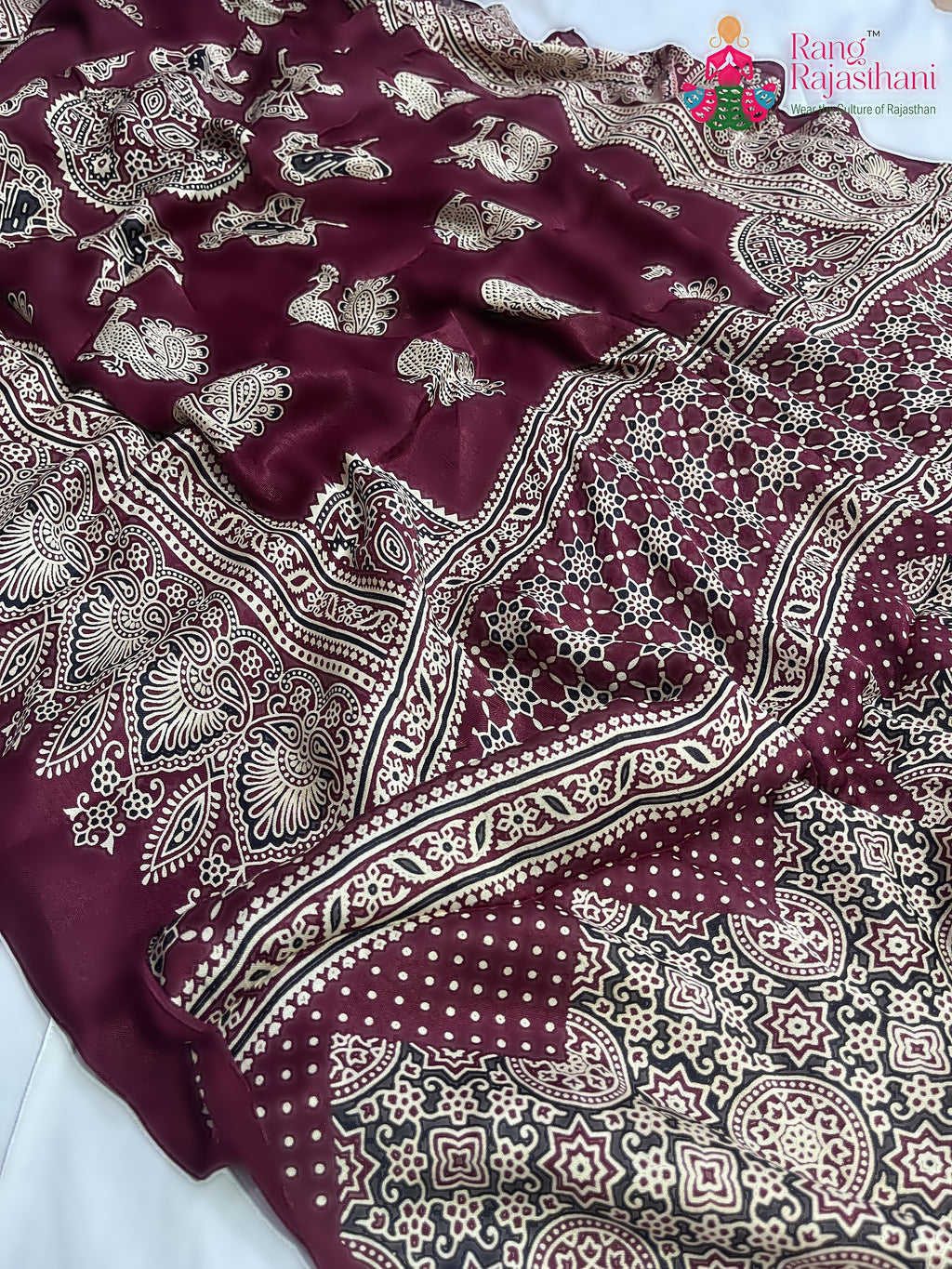 Maroon Pure Modal Silk Ajarakh Print Saree : Quiet Depth