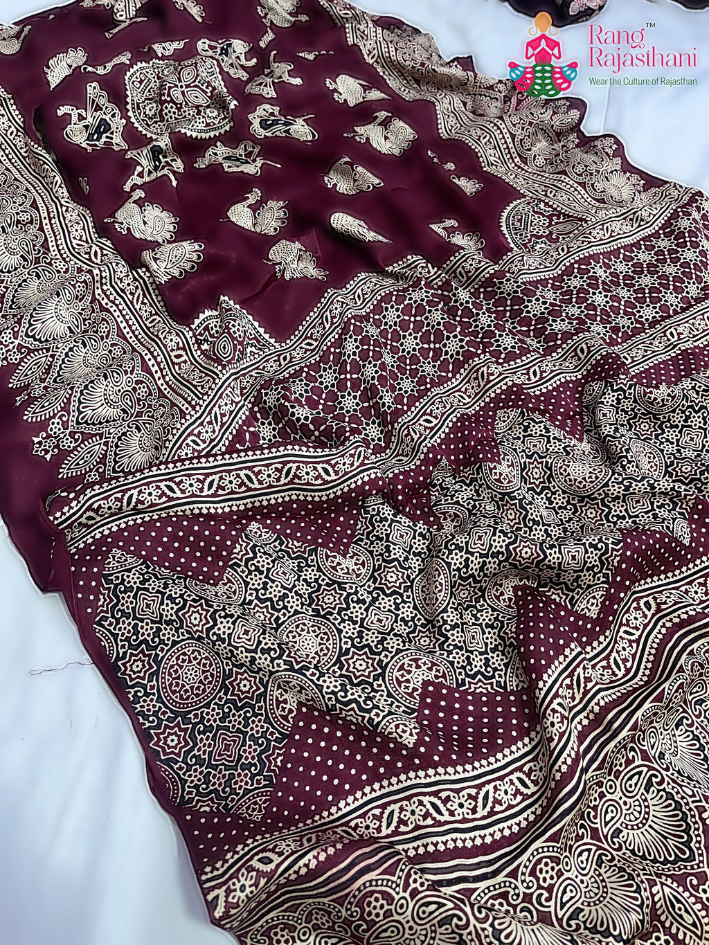 Maroon Pure Modal Silk Ajarakh Print Saree : Quiet Depth