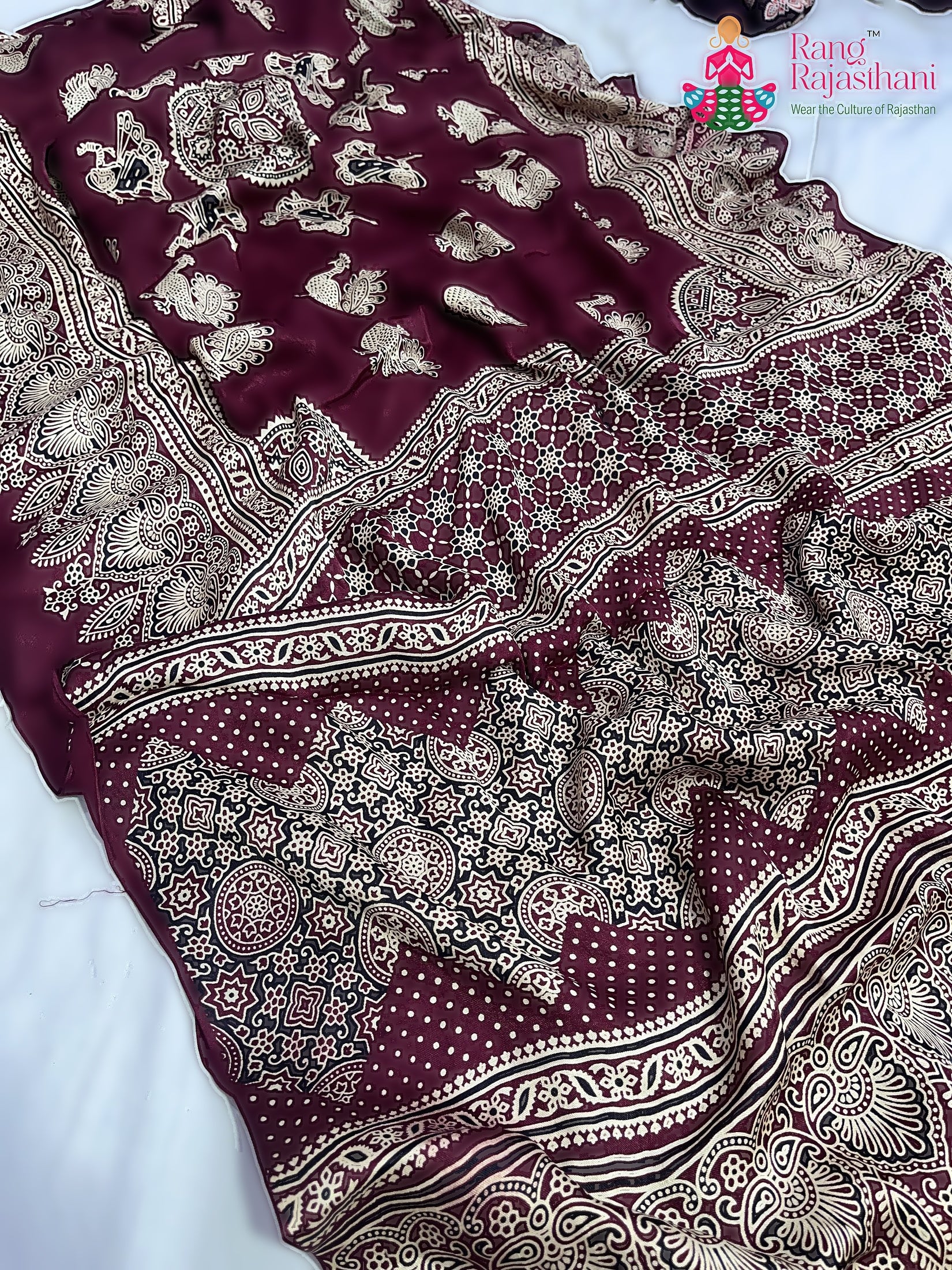 Maroon Pure Modal Silk Ajarakh Print Saree : Quiet Depth