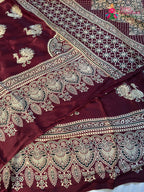 design pattern of maroon pure modal silk ajarakh print saree