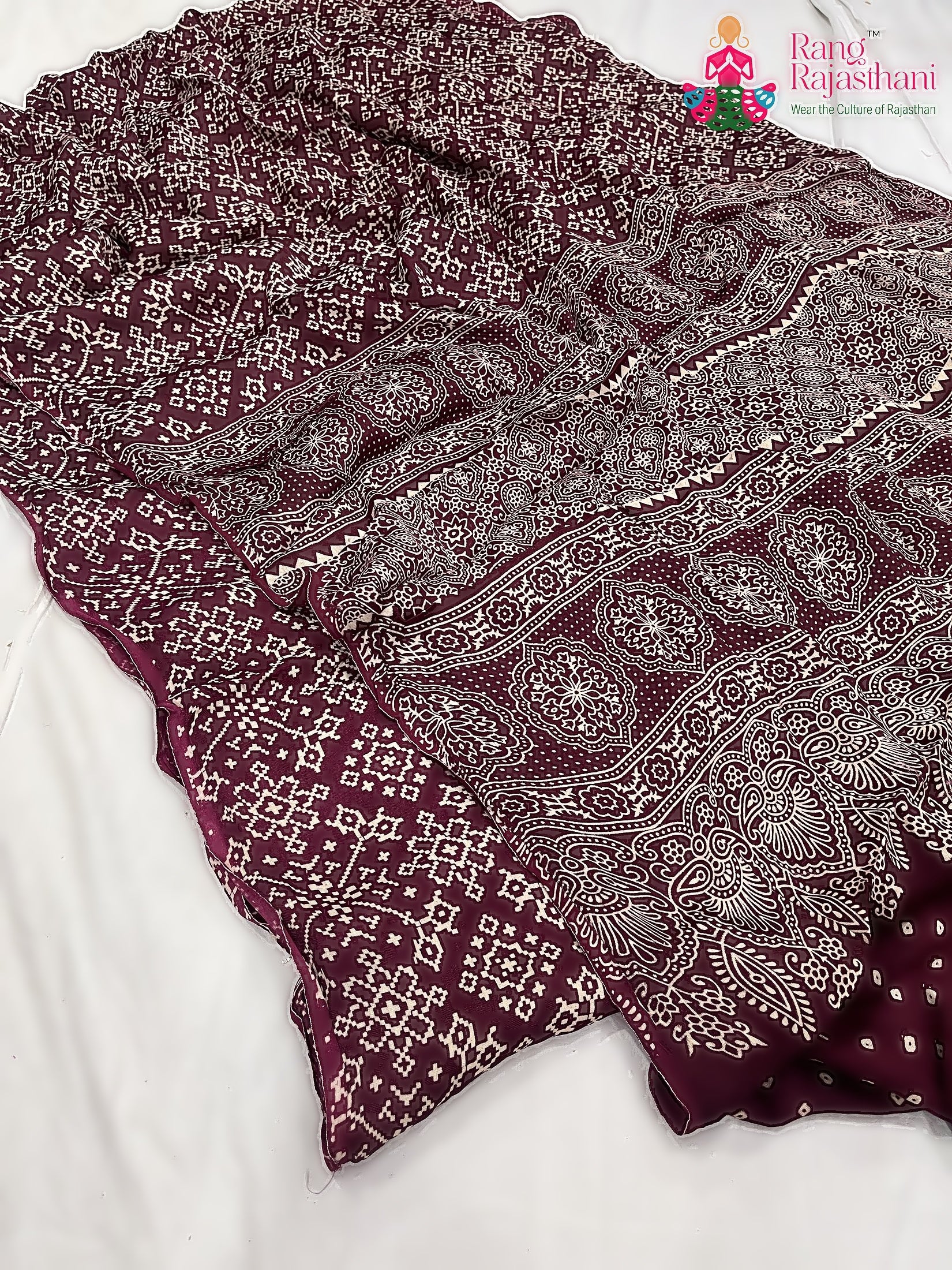 Maroon Pure Modal Silk Ajarakh Print Saree : Artistic Flow