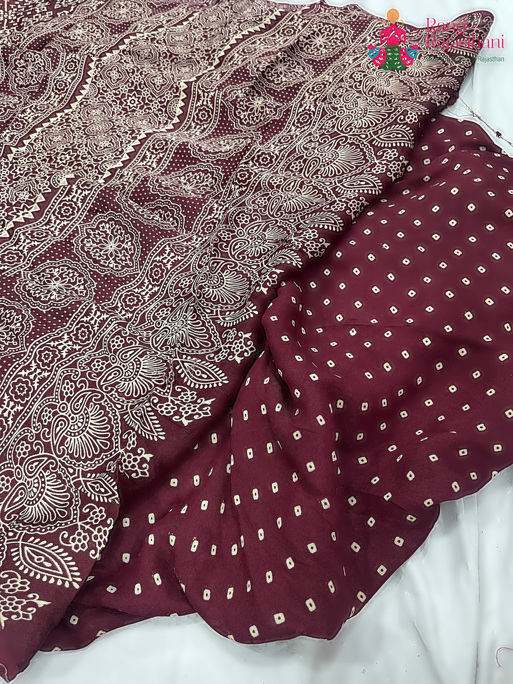 complete look of maroon pure modal silk ajrakh print saree 