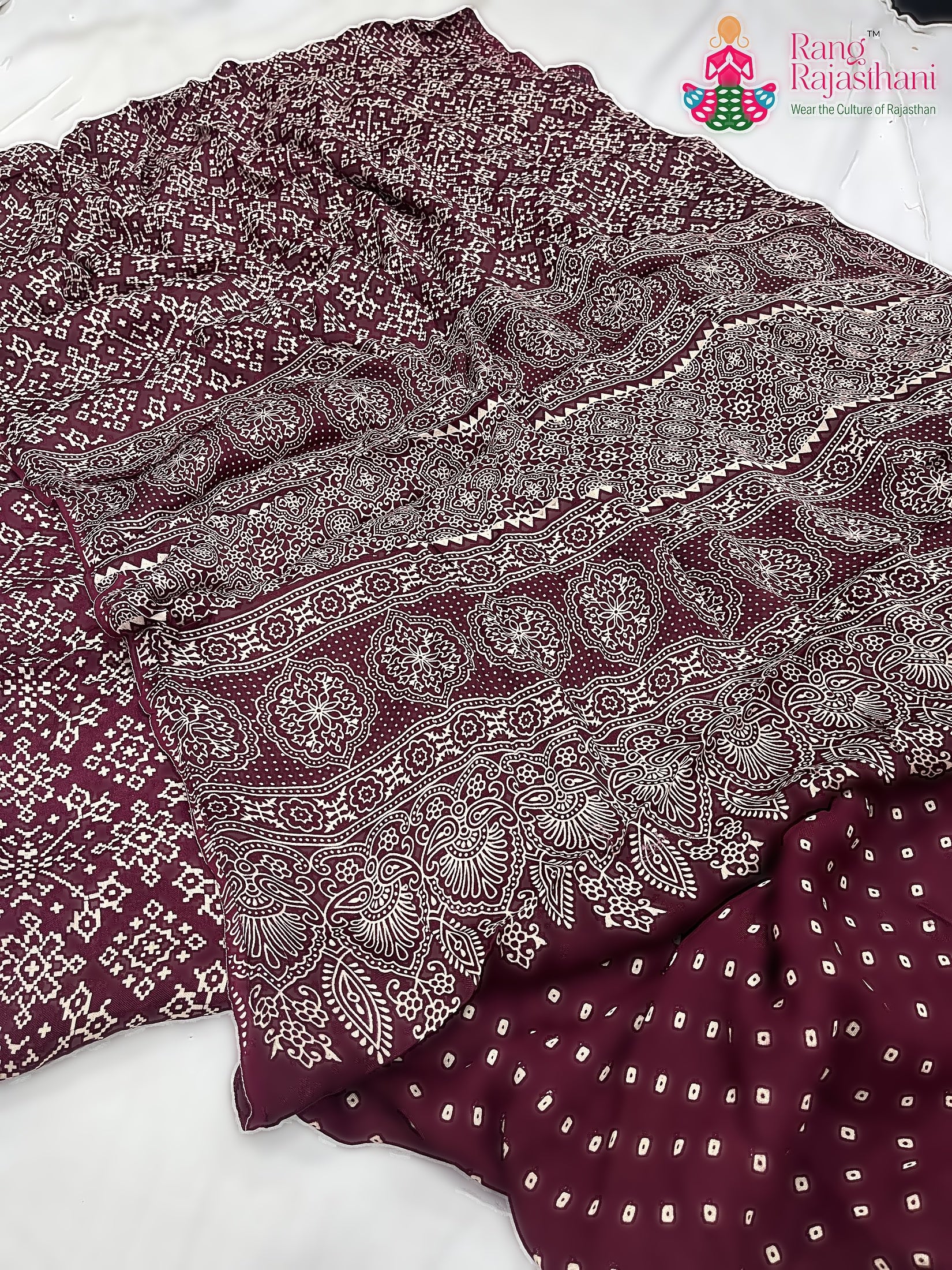 Maroon Pure Modal Silk Ajarakh Print Saree : Artistic Flow