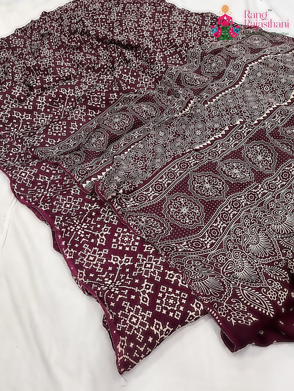 maroon pure modal silk ajrakh print saree for festive celebration by Rang Rajasthani