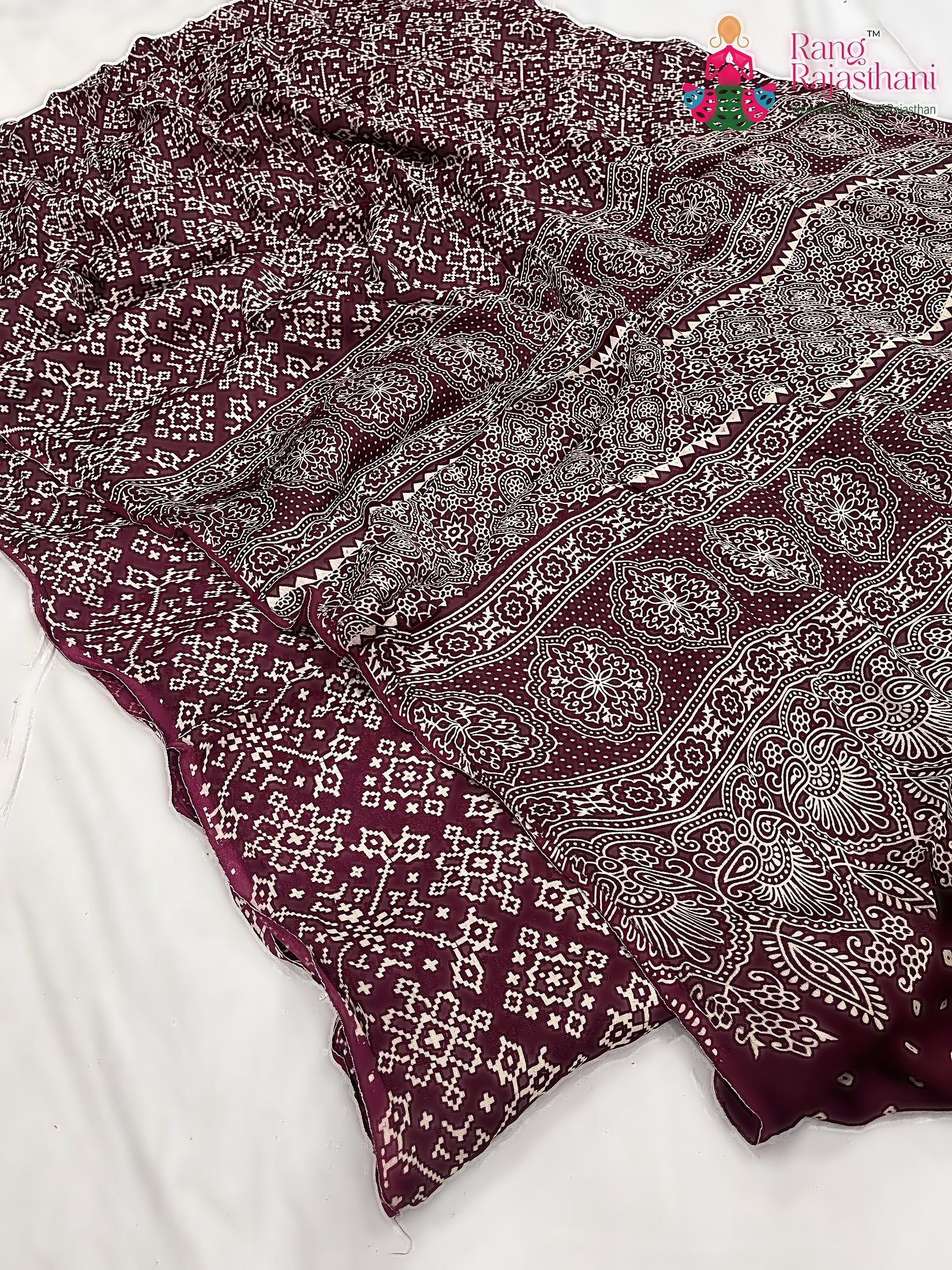 Maroon Pure Modal Silk Ajarakh Print Saree : Artistic Flow
