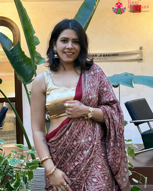 Maroon Pure Modal Silk Ajrakh Print Saree for Festive Celebration | Festive Pick