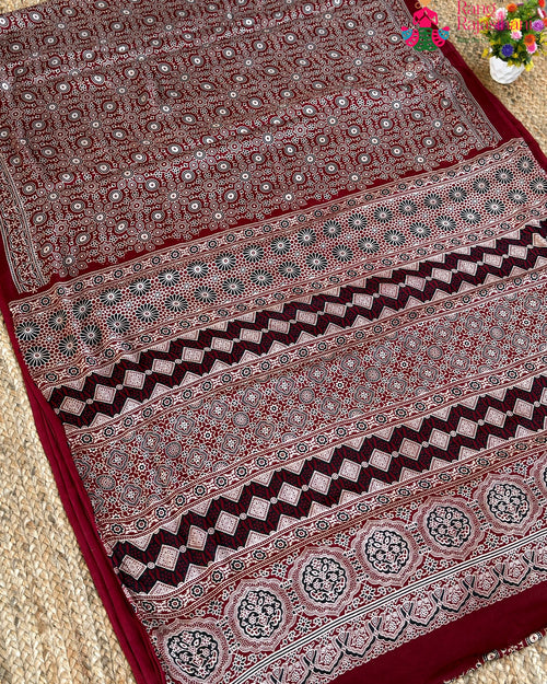 Maroon Pure Modal Silk Ajrakh Print Saree for Festive Celebration | Festive Pick