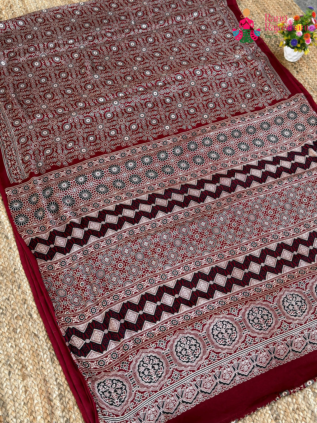 Maroon Pure Modal Silk Ajrakh Print Saree for Festive Celebration | Festive Pick