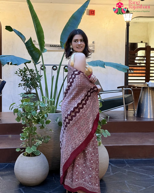 Maroon Pure Modal Silk Ajrakh Print Saree for Festive Celebration | Festive Pick