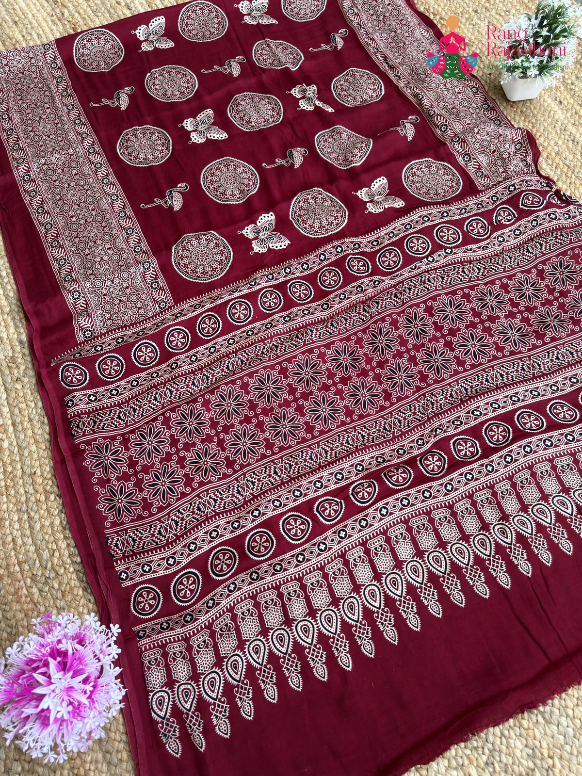 Maroon Pure Modal Silk Ajrakh Print Saree for Red Puja Sarees | Wedding Collection