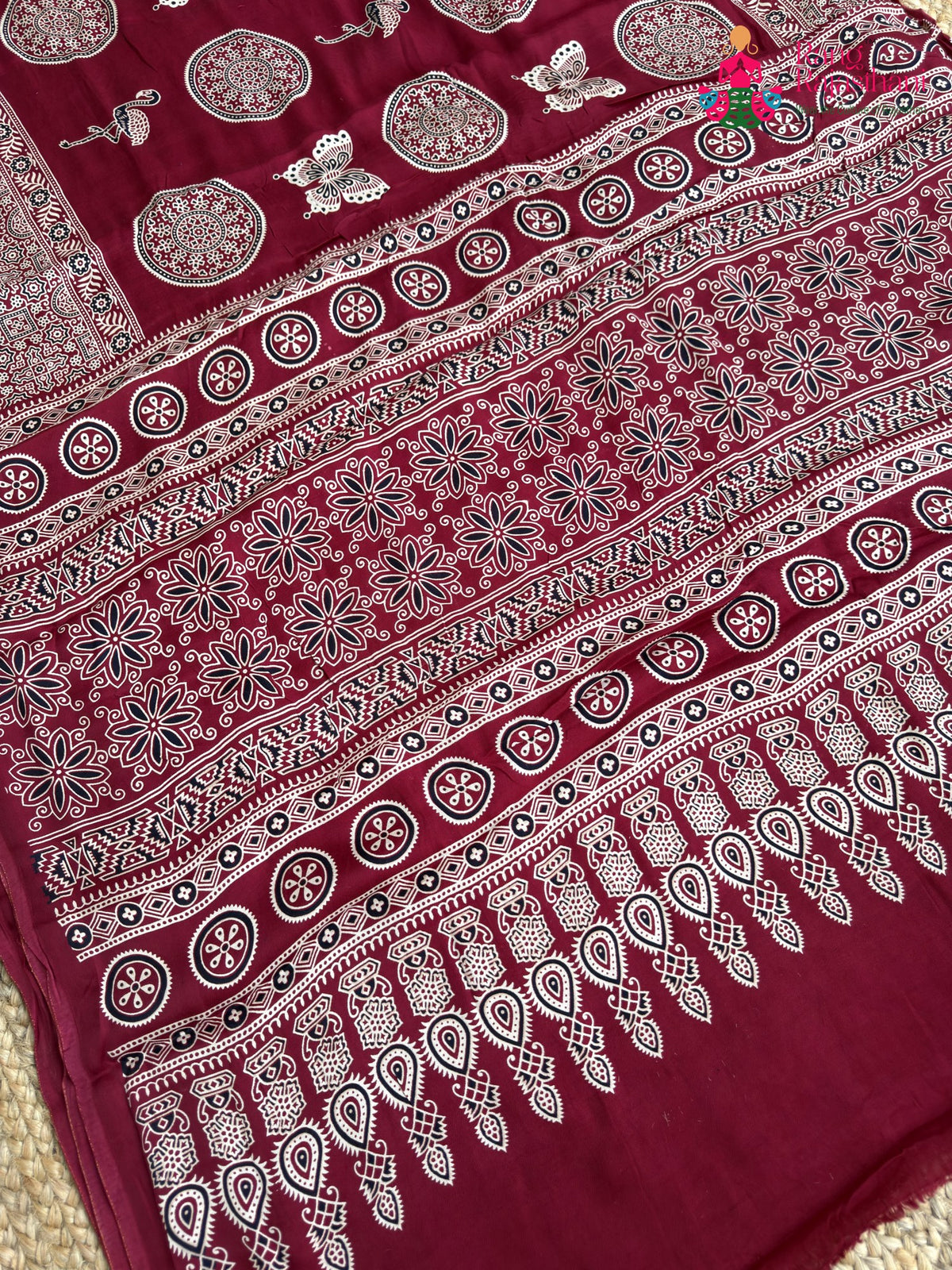 Maroon Pure Modal Silk Ajrakh Print Saree for Red Puja Sarees | Wedding Collection