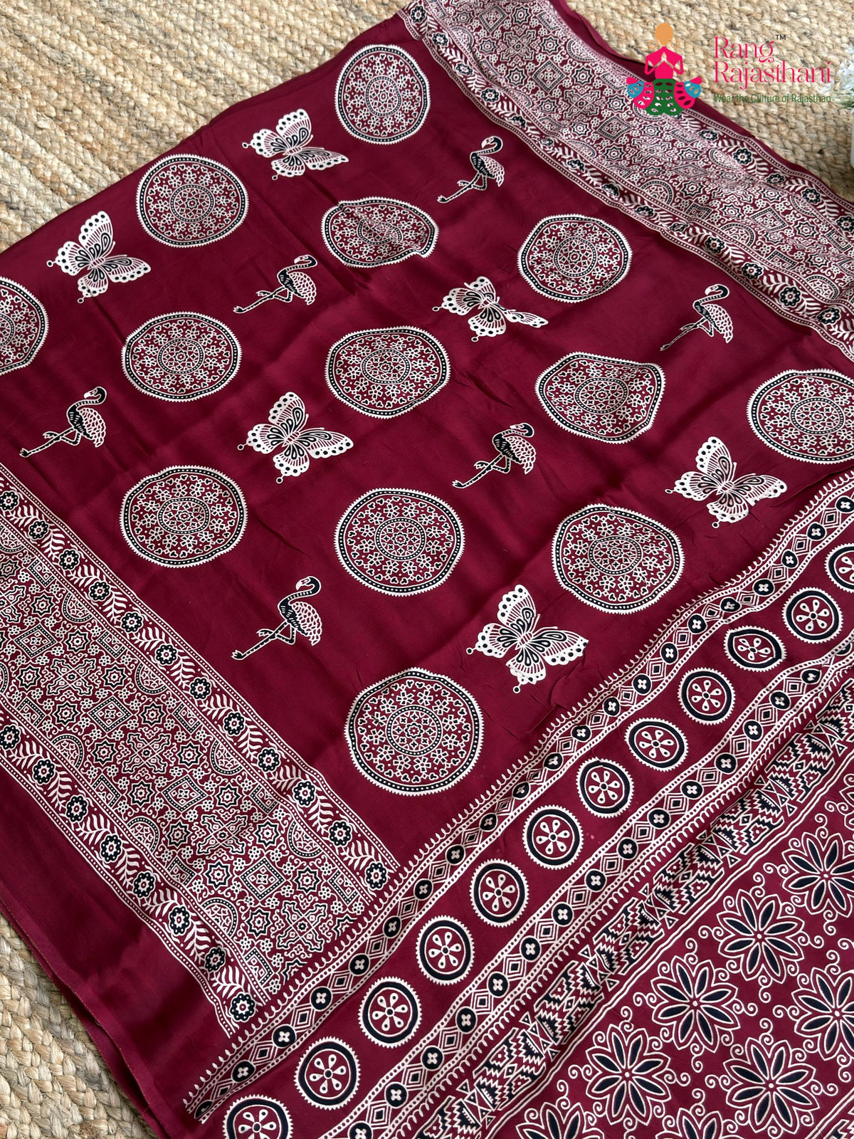 Maroon Pure Modal Silk Ajrakh Print Saree for Red Puja Sarees | Wedding Collection