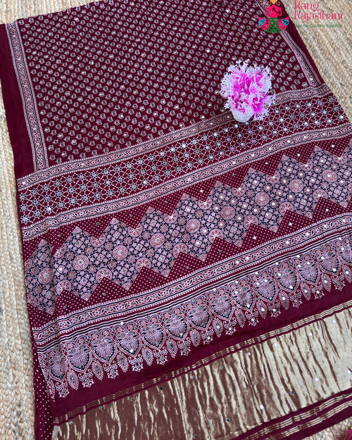 Maroon Pure Modal Silk Mirror Ajrakh Print Saree for Sangeet Night | Order Online