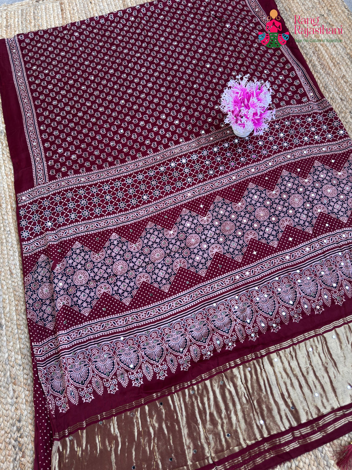 Maroon Pure Modal Silk Mirror Ajrakh Print Saree for Sangeet Night | Order Online
