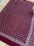 Maroon Pure Modal Silk Mirror Ajrakh Print Saree for Sangeet Night | Order Online