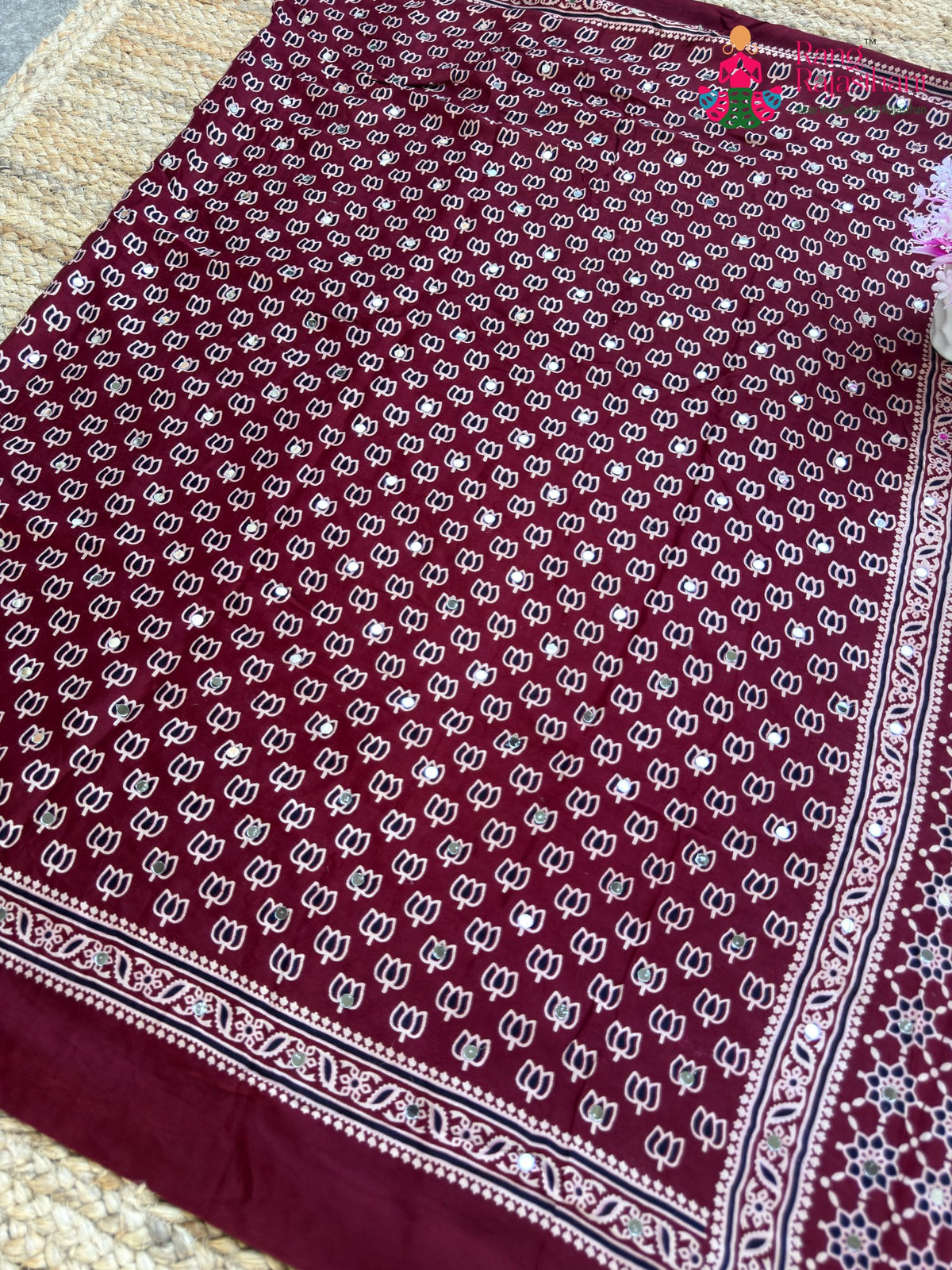 Maroon Pure Modal Silk Mirror Ajrakh Print Saree for Sangeet Night | Order Online