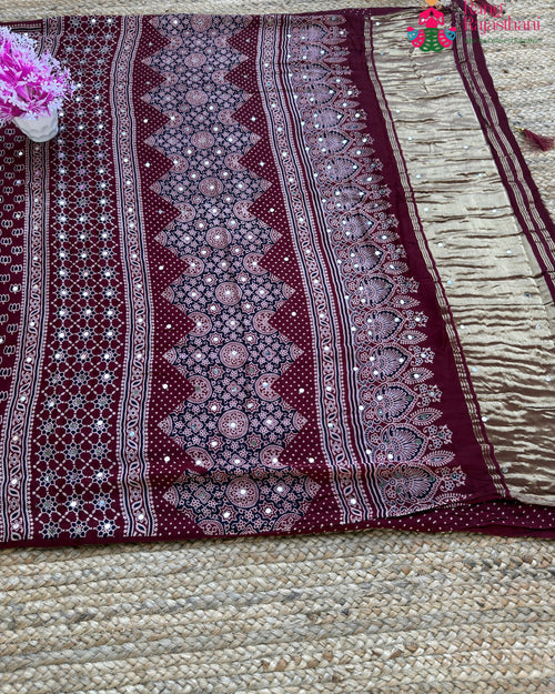 Maroon Pure Modal Silk Mirror Ajrakh Print Saree for Sangeet Night | Order Online