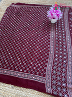 Maroon Pure Modal Silk Mirror Ajrakh Print Saree for Sangeet Night | Order Online