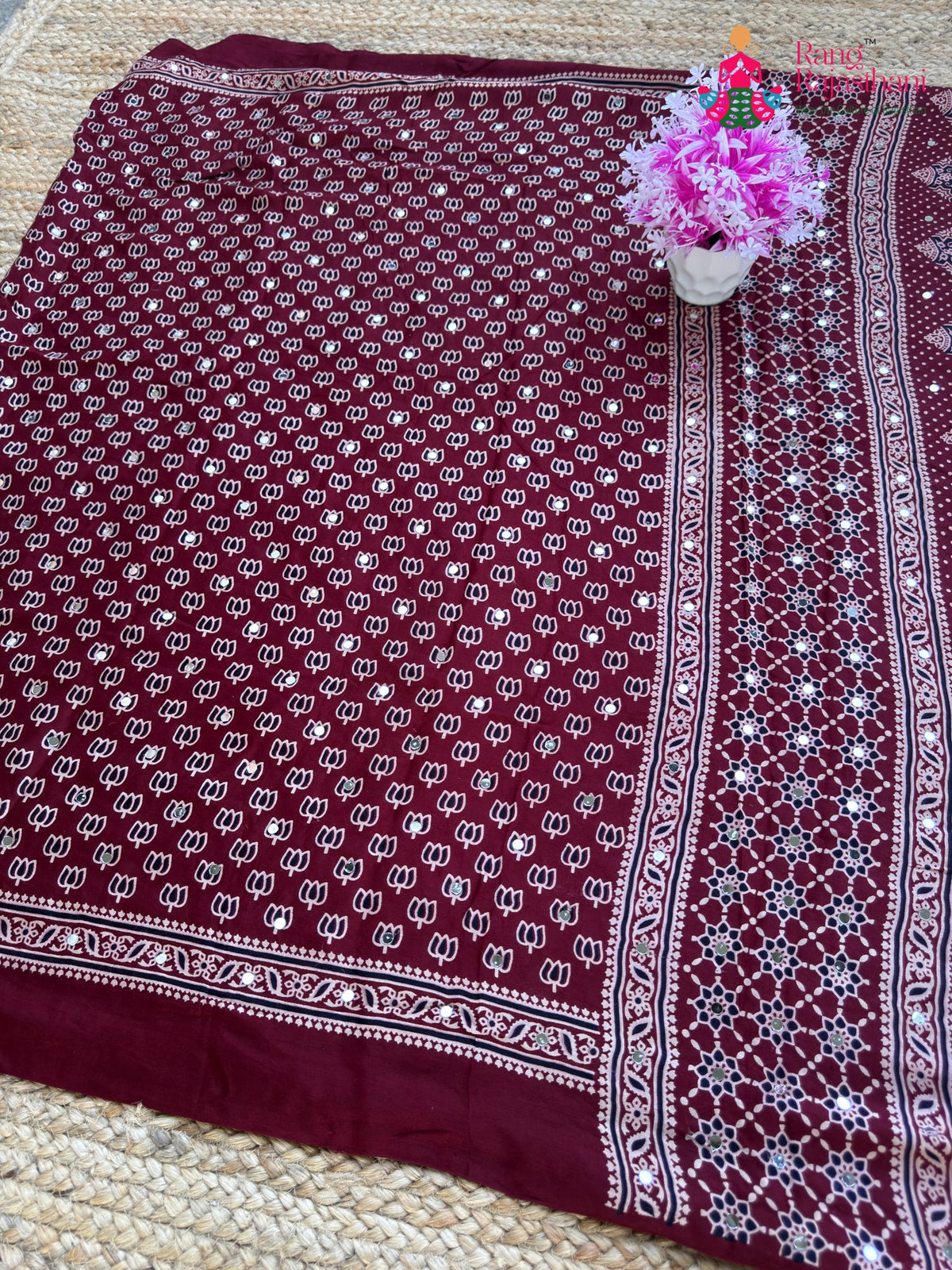 Maroon Pure Modal Silk Mirror Ajrakh Print Saree for Sangeet Night | Order Online