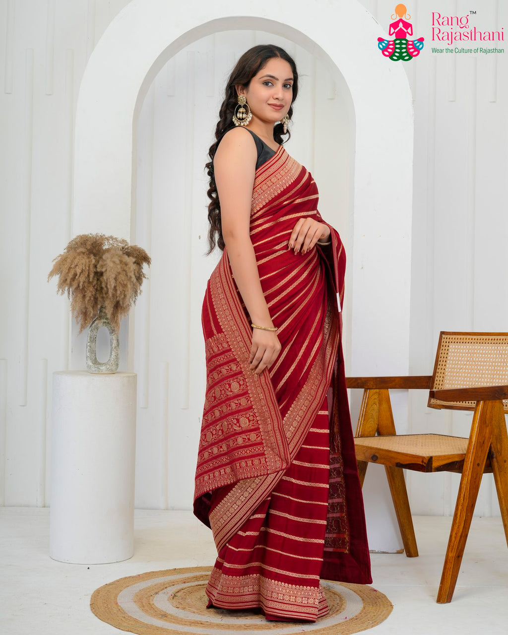 Maroon Pure Chinon saree with Zari side drape view