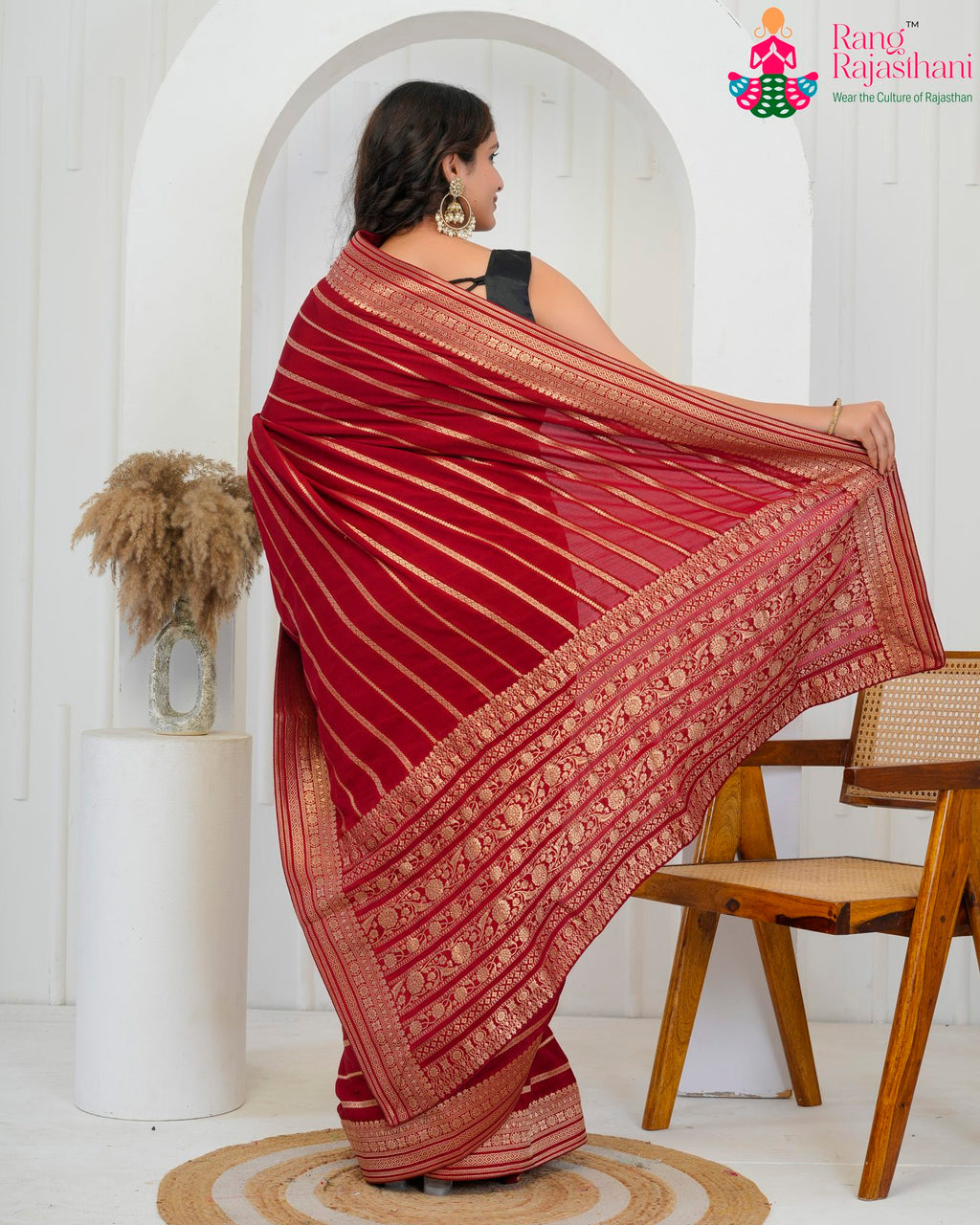 Maroon Pure Chinon saree with Zari back view