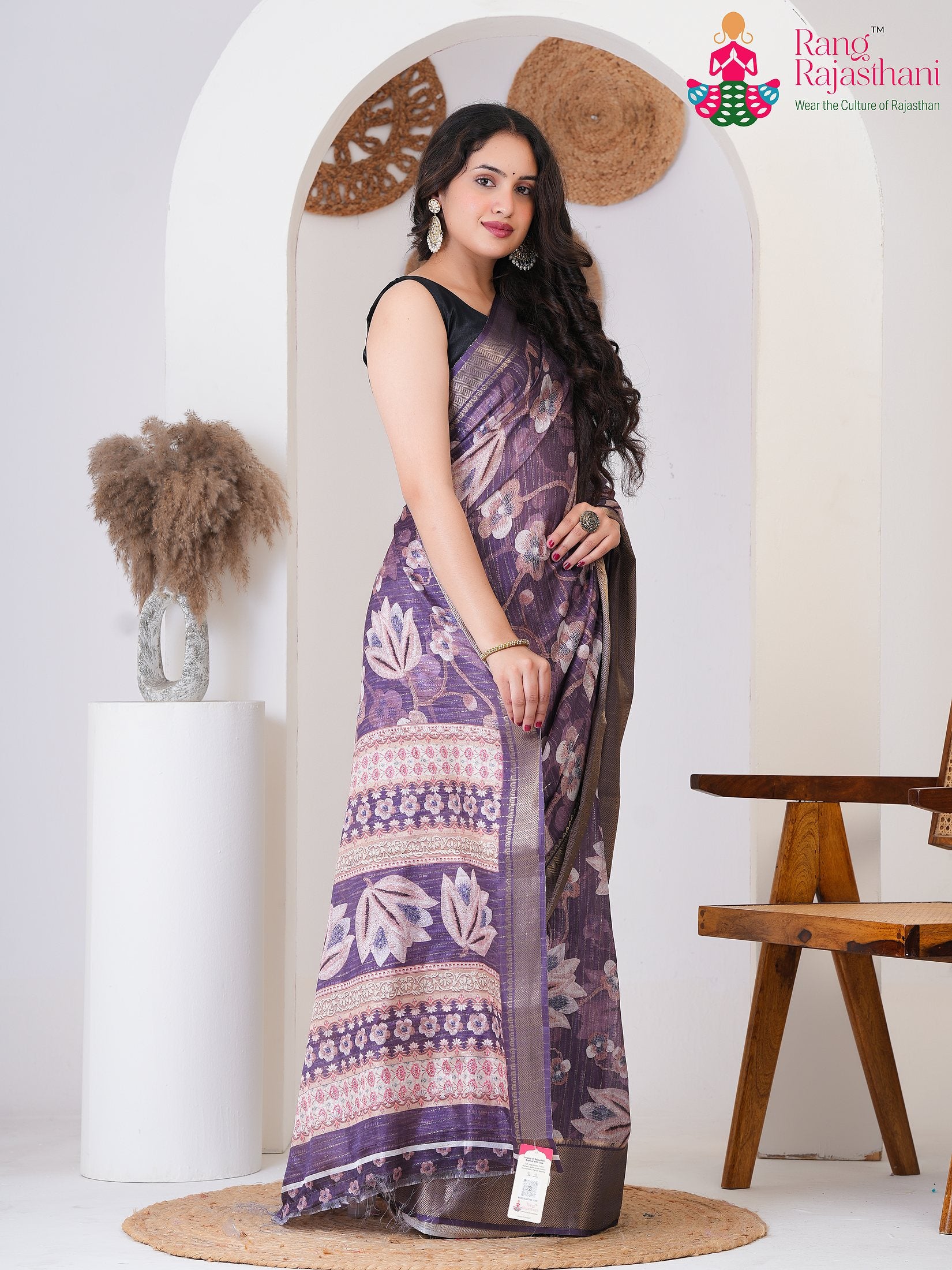 Lavender Imported saree with Printed side drape view