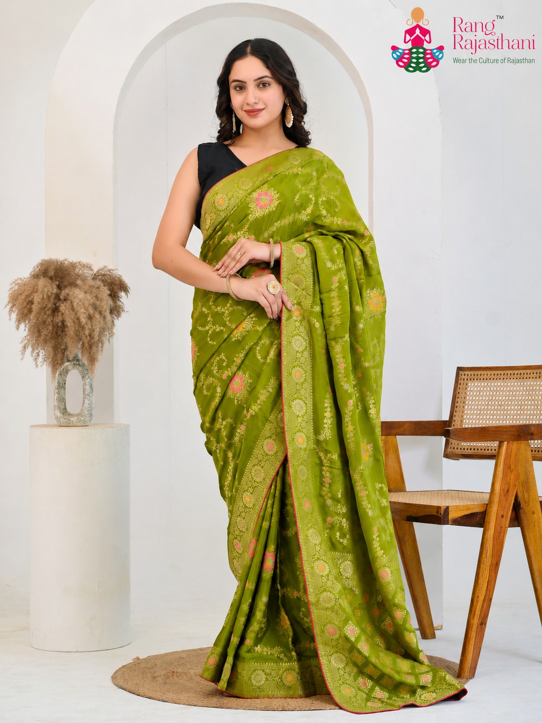 Green Chinnon Banarasi Zari Weave Saree for Mehendi Ceremony | Top Choice