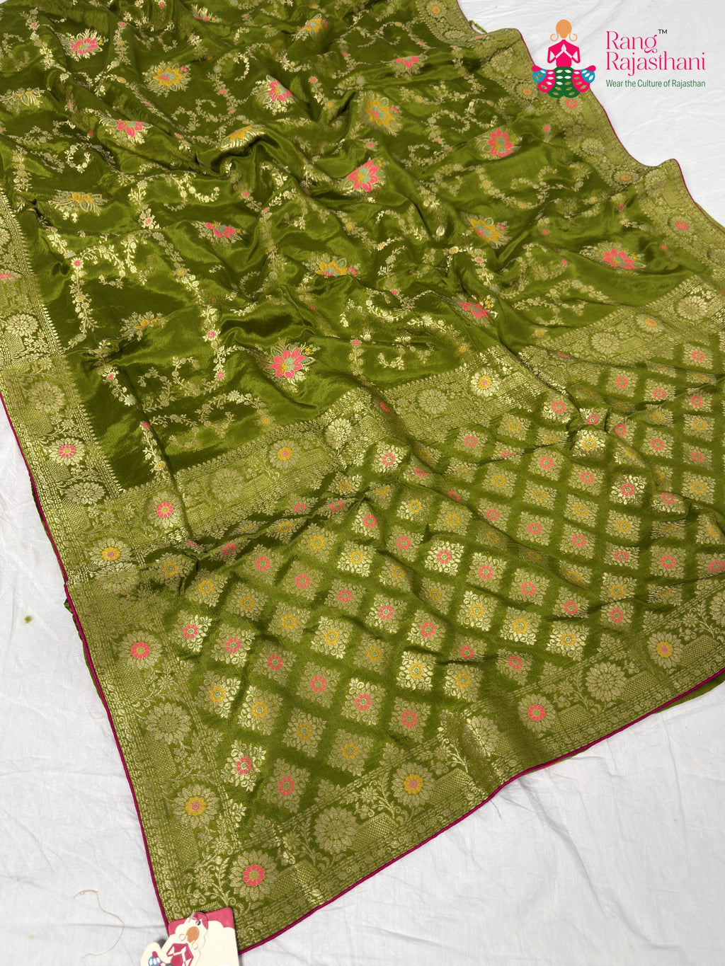 border detailing of mehendi pure crape chinon banarasi khaddi mina jaal saree