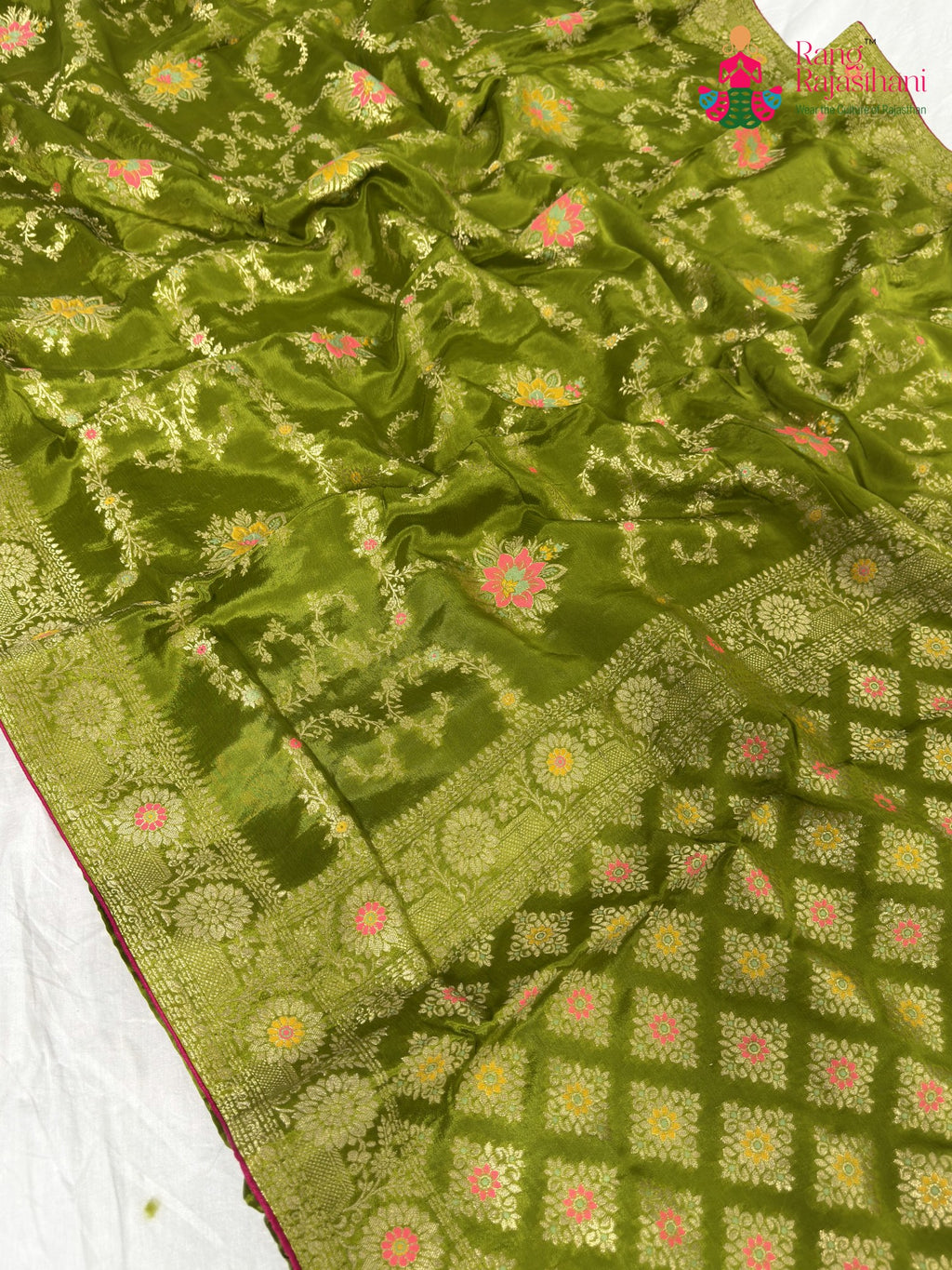fabric texture of mehendi pure crape chinon banarasi khaddi mina jaal saree