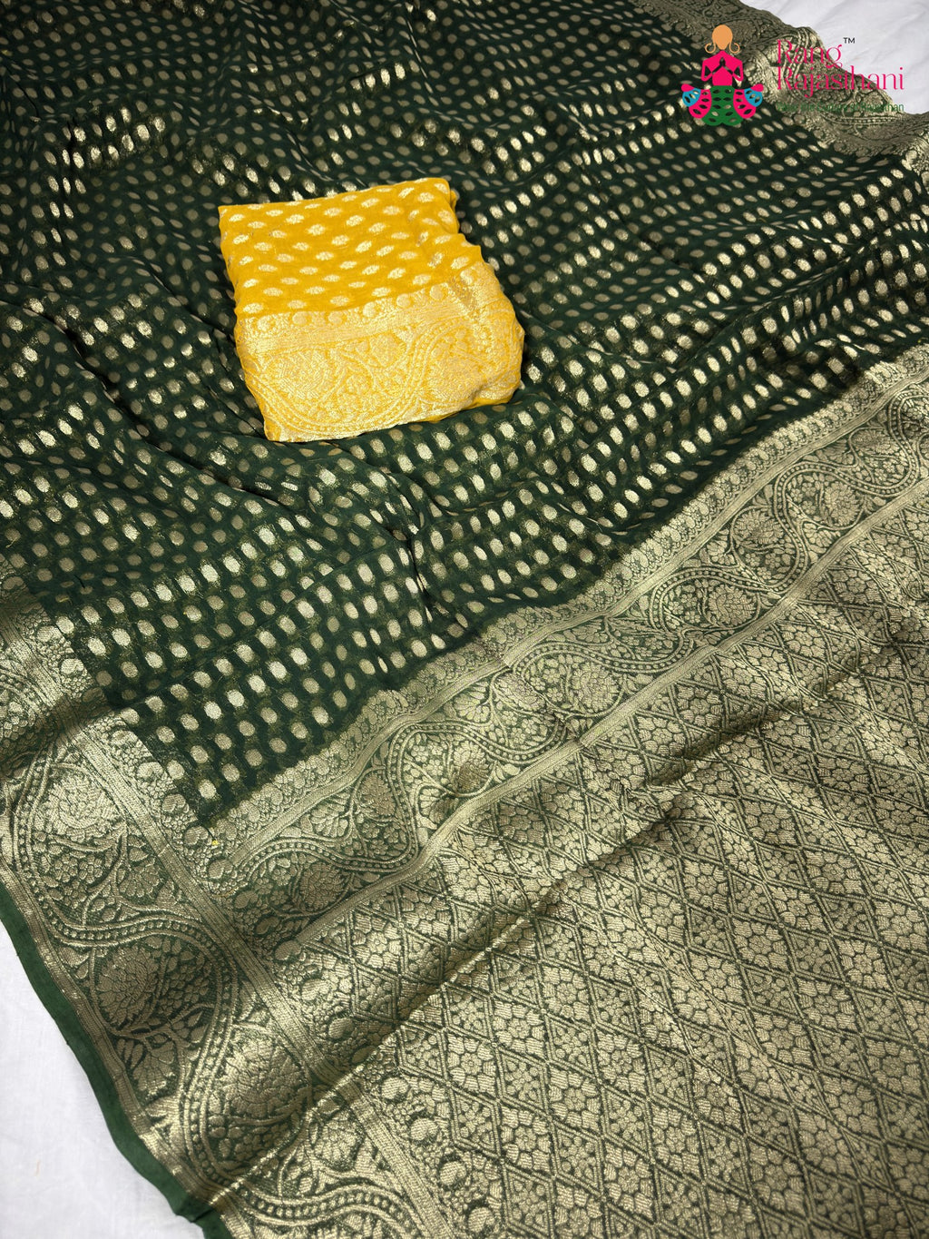 work detailing of mehendi green pure georgette khaddi saree