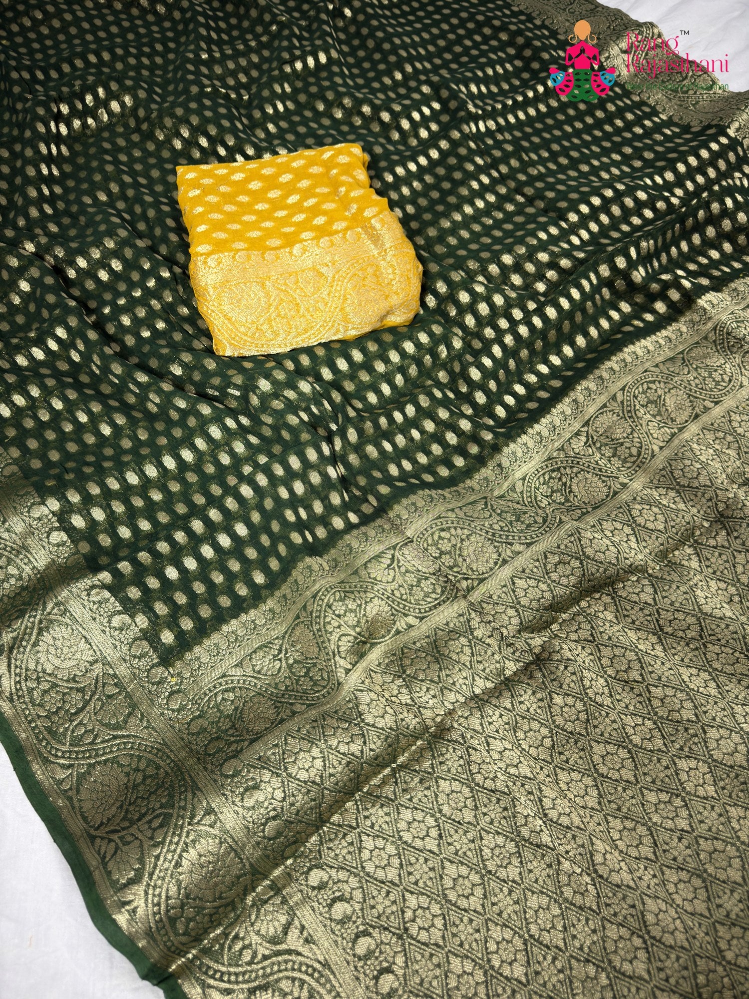 work detailing of mehendi green pure georgette khaddi saree