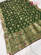 border detailing of mehendi green pure georgette khaddi saree