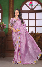 minimal onion fabric saree for wedding guest wear by Rang Rajasthani